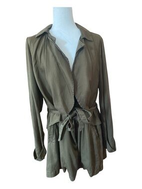 Kimchi Blue Olive Tencel Trench Jacket Draped Waterfall Tie Waist Utility Coat M